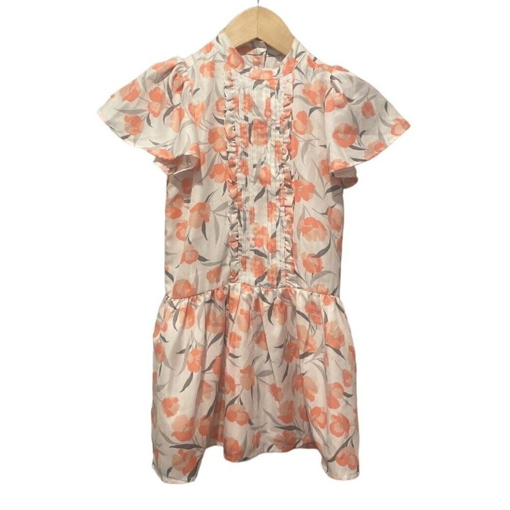 JANIE AND JACK Girl’s Floral Ruffle Dress Size 6 Orange Easter Flutter Sleeve